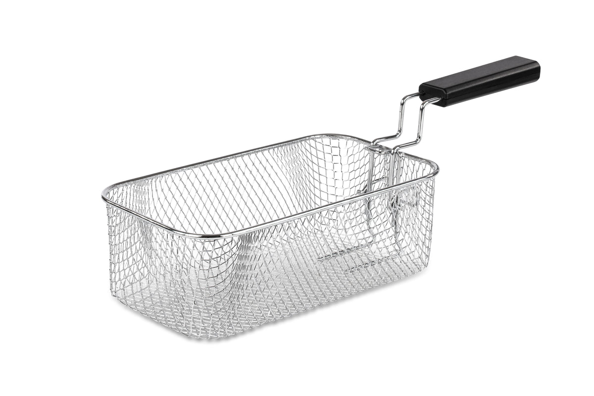 Die Unold Kaltzonen-Fritteuse „Frida“ ist ein rechteckiger Frittierkorb aus Metalldraht mit einem langen schwarzen Griff, der zum Frittieren von Lebensmitteln konzipiert ist. Das Produkt wird leer vor einem weißen Hintergrund gezeigt.