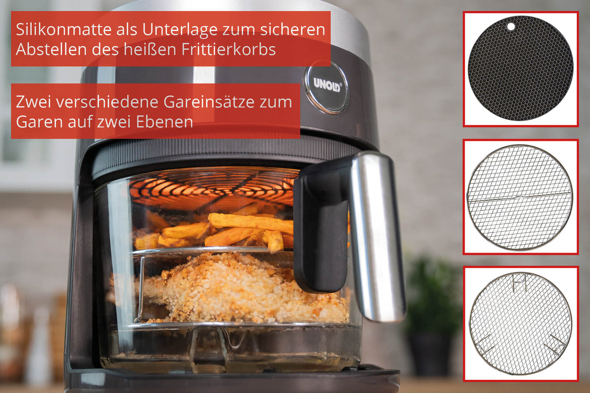 Eine Nahaufnahme der Unold Heißluftfritteuse Glas mit Pommes und paniertem Hähnchen darin. Der deutsche Text beschreibt eine Silikonmatte und zwei Grillroste, die rechts für das Grillen auf zwei Ebenen abgebildet sind.