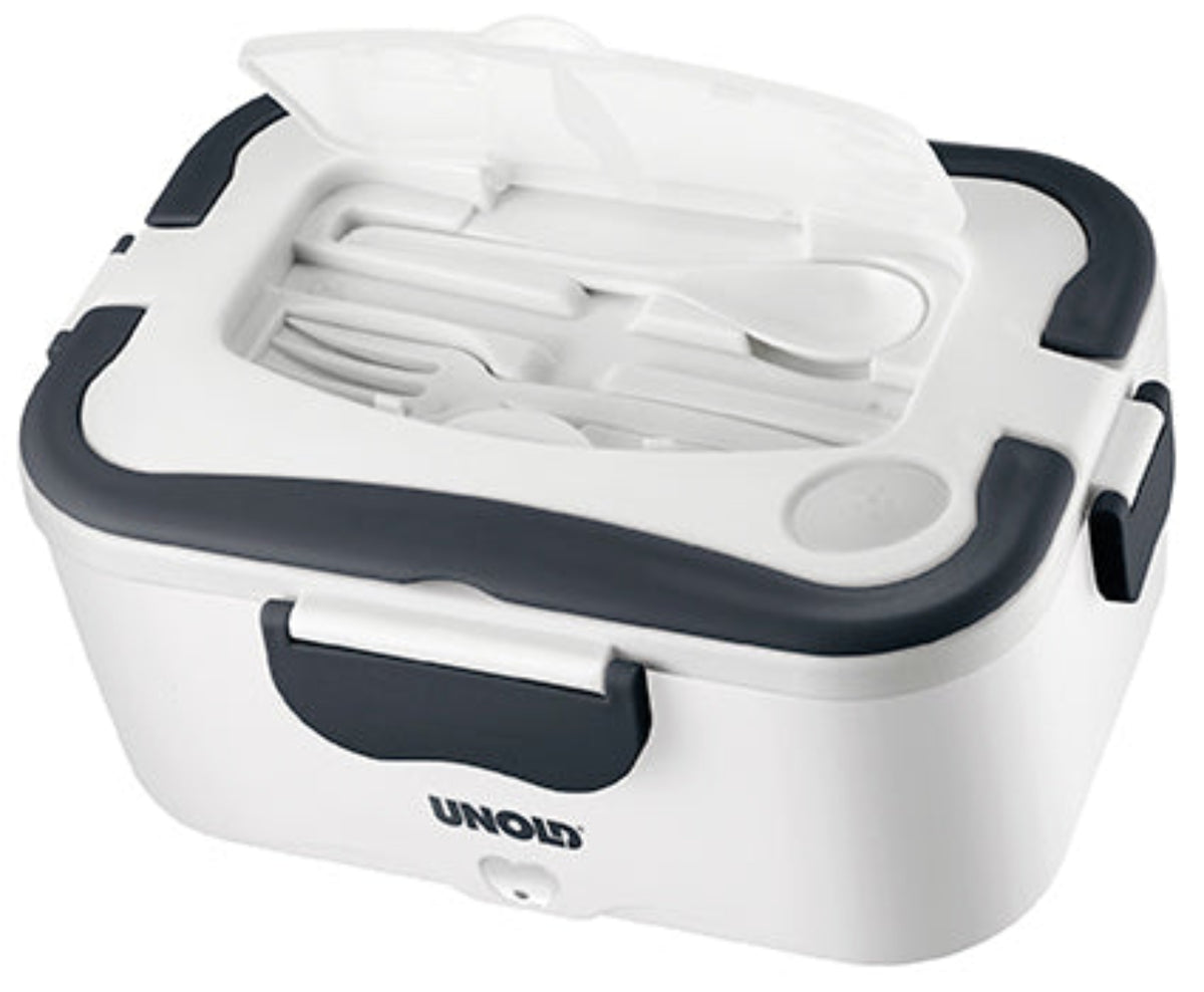 Die Unold Lunchbox ist eine tragbare elektrische Lunchbox in Weiß und Schwarz. Unter einem transparenten Deckel befindet sich ein Fach für Löffel und Gabel. Auf der Vorderseite ist der Markenname Unold aufgedruckt.