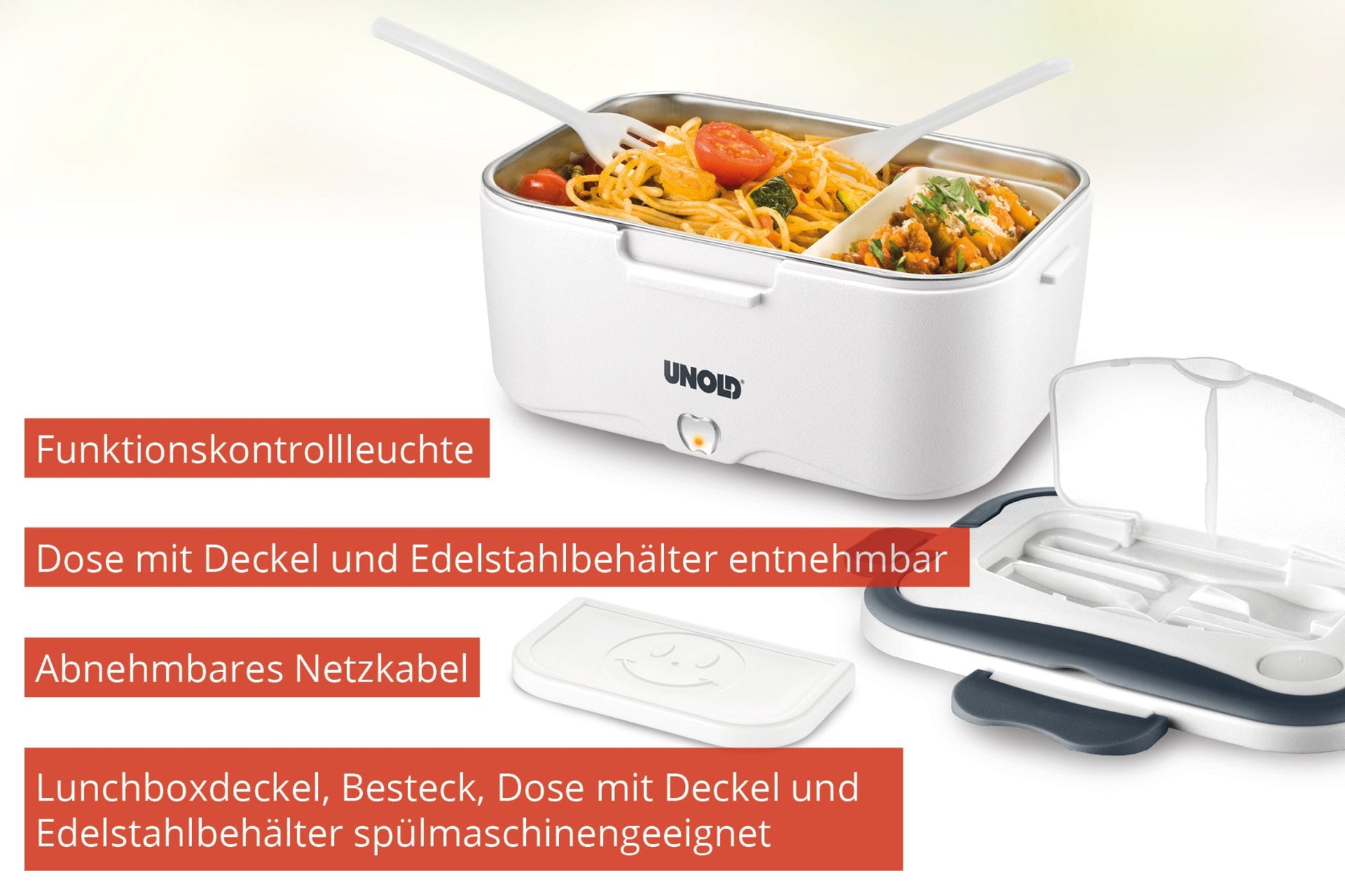 Die Unold Lunchbox ist eine weiße elektrische Lunchbox mit herausnehmbarem Edelstahlbehälter, Lebensmittelfächern, Deckel, abnehmbarem Netzkabel und Besteckset. Deutscher Text hebt ihre Funktionen hervor. Abgebildet mit Nudeln und Gemüse.