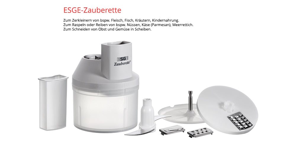 Die Unold ESGE-Zauberette, ein weiß-graues Küchengerät mit Reibe-, Hobel- und Behälteraufsatz, ist auf weißem Hintergrund abgebildet. Der Text oben hebt ihre vielseitige Verwendung zum Schneiden, Reiben und Hobeln verschiedener Lebensmittel hervor.