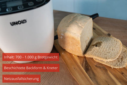 Ein geschnittener Laib Brot liegt auf einem Holzschneidebrett neben einem Brotbackautomaten Unold 68010 Backmeister® Design. Der deutsche Text hebt die Funktionen hervor: Laibkapazität, beschichtete Backform mit Kneter und Stromausfallschutz.