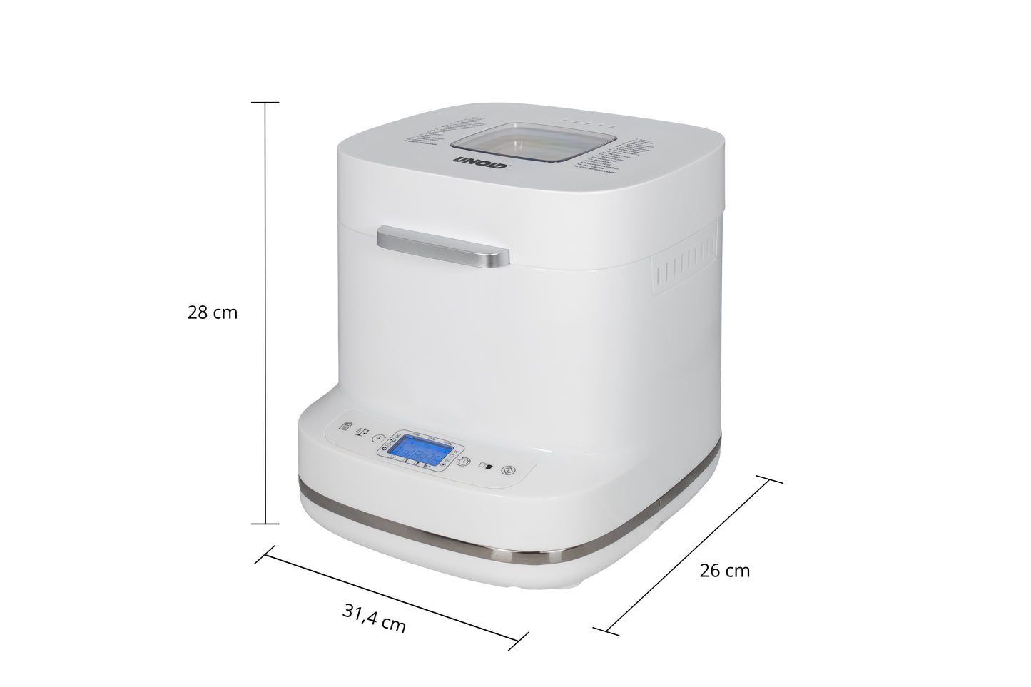 Der Unold AG Backmeister Bernd Brotbackautomat mit Digitalanzeige steht auf weißem Grund. Die Pfeile zeigen seine Abmessungen: 28 cm hoch, 31,4 cm breit und 26 cm tief.