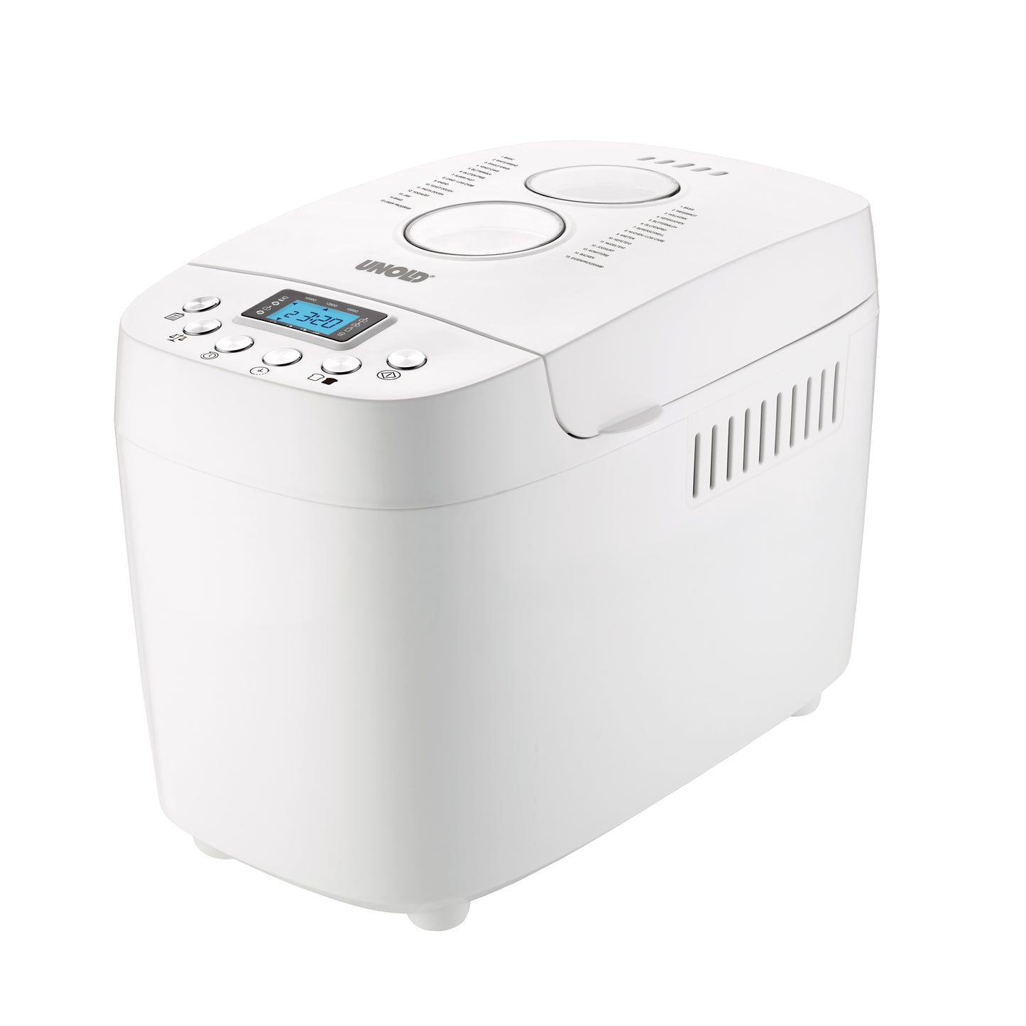 Der Unold Backmeister® Big ist ein Weißbrotbackautomat mit Digitalanzeige, Bedientasten und einem Deckel mit zwei runden Fenstern auf schlichtem weißem Hintergrund.