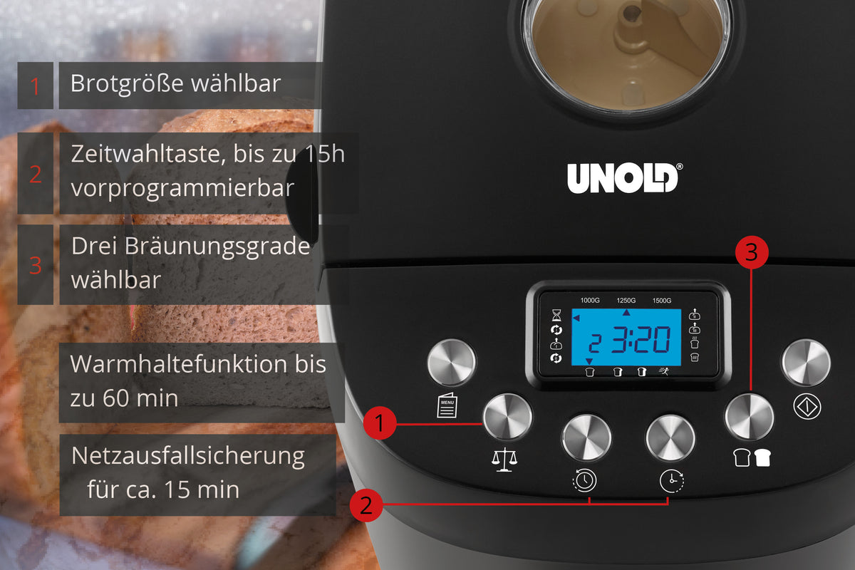 Nahaufnahme des Unold Backmeister® Big Brotbackautomaten in Schwarz mit Digitalanzeige und Bedientasten. Der deutsche Text hebt die einstellbare Brotgröße, den 15-Stunden-Timer, 3 Bräunungsstufen, 60-minütige Warmhaltefunktion und 15-minütige Notstromversorgung hervor.
