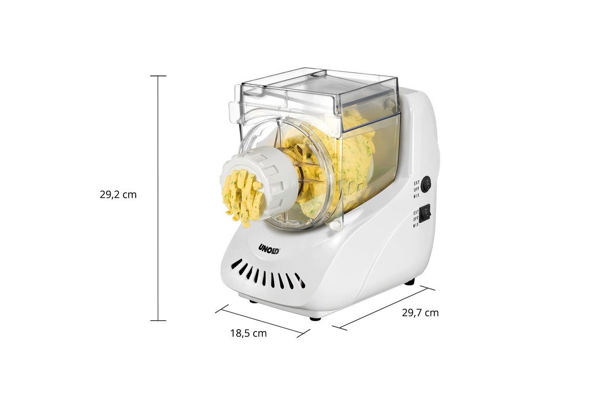 Eine weiße elektrische Nudelmaschine zum Teigpressen. Die Abmessungen sind 29,2 cm hoch, 18,5 cm tief und 29,7 cm breit. Die Maschine hat einen transparenten Deckel und seitliche Knöpfe.