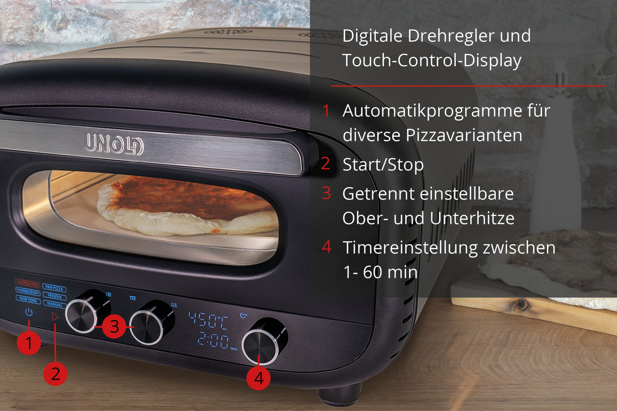 Eine Nahaufnahme des schwarzen Unold Pizzaofens Don Alfredo mit einer Pizza darin. Das digitale Bedienfeld und die Tasten sind sichtbar. Deutscher Text hebt Funktionen wie automatische Pizzaprogramme, Timer und einstellbare Ober-/Unterhitze hervor.