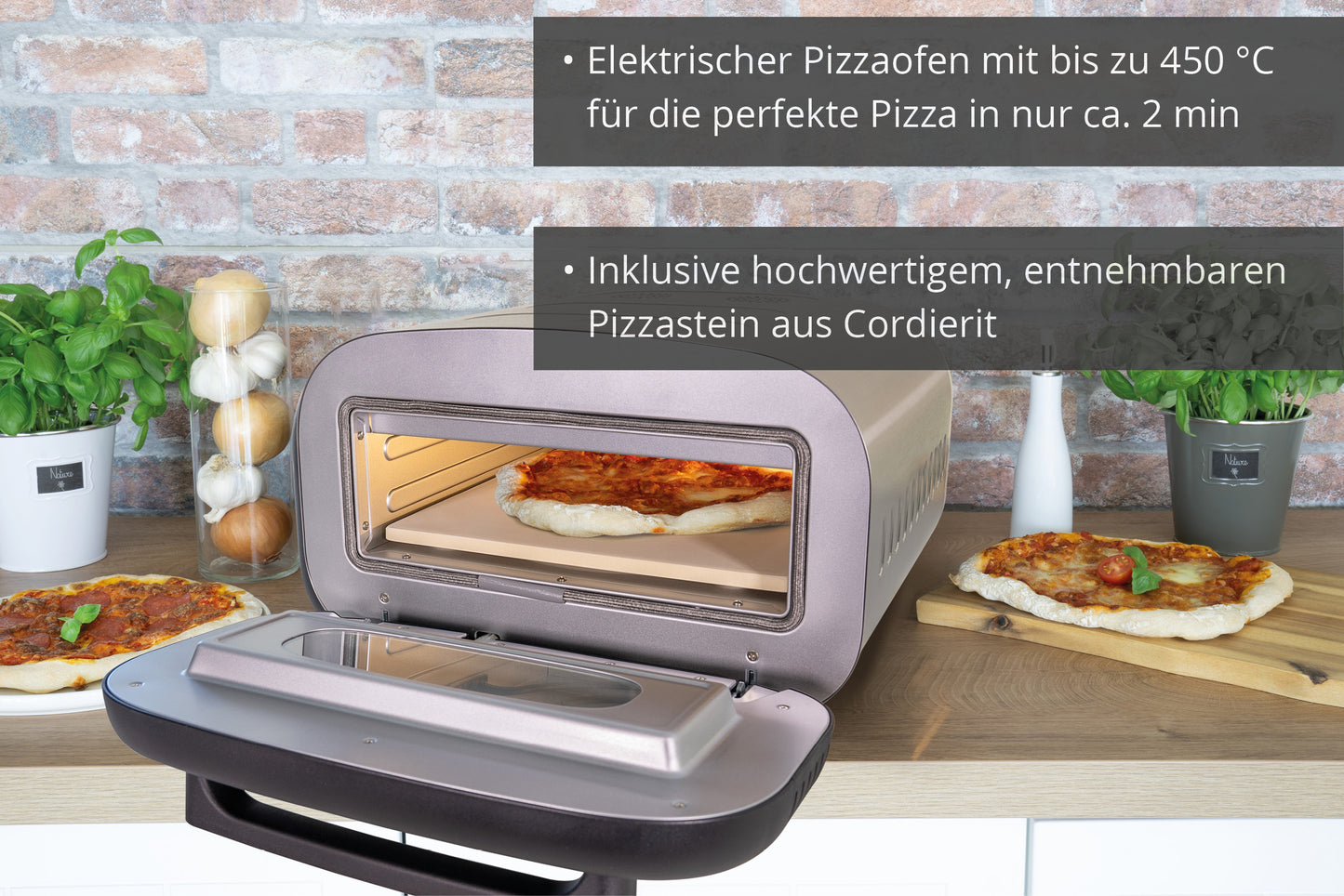 Der Unold Pizzaofen Alfredo Tischbackofen backt zwei Pizzen bei 450 °C. Ein herausnehmbarer Cordierit-Pizzastein sorgt für knusprige Ergebnisse, während frische Kräuter und Zutaten das Ergebnis abrunden. Der deutsche Text beschreibt die Funktionen.