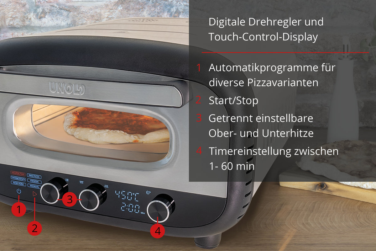 Der Unold Pizzaofen Alfredo verfügt über ein modernes Design mit digitaler Anzeige, Bedienfeld, automatischen Pizzaprogrammen, Start-/Stopp-Funktion, separater Hitzeregelung und Timereinstellungen von 1 bis 60 Minuten (Funktionen im deutschen Text beschrieben).
