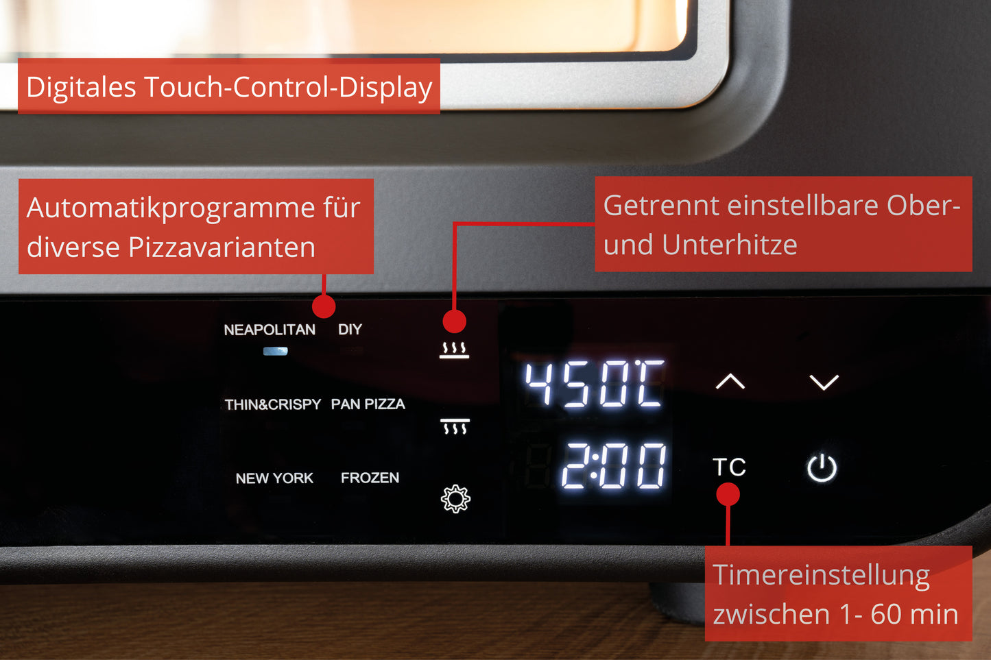 Nahaufnahme des digitalen Bedienfelds des Unold Pizzaofen Don Luigi mit Touchdisplay, Programmtasten für verschiedene Pizzasorten, einstellbarer Ober-/Unterhitze, 1–60-Minuten-Timer und deutsch beschrifteten Funktionen.