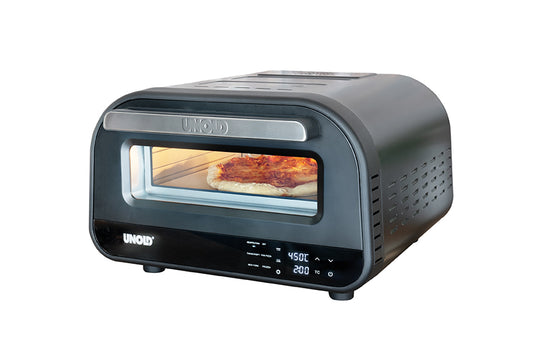 Der Unold Pizzaofen Don Luigi ist ein eleganter, schwarzer Aufsatzofen mit modernem Design, digitaler Anzeige (450°C und 200 min) und einem Glasfenster an der Vorderseite, durch das Sie Ihre Pizza beim Backen beobachten können.