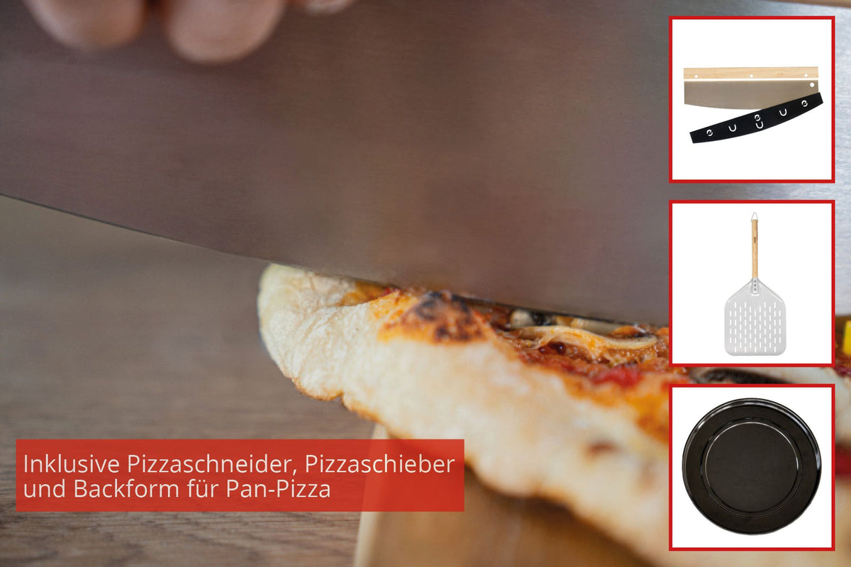 Nahaufnahme einer Pizza, die mit einem großen Schneidegerät geschnitten wird; die Bilder in der Mitte zeigen das mitgelieferte Zubehör von Unold Pizzaofen Don Luigi: Pizzaschneider, Schieber und runde Backform. Der deutsche Text hebt die Werkzeuge und die Pfanne hervor.