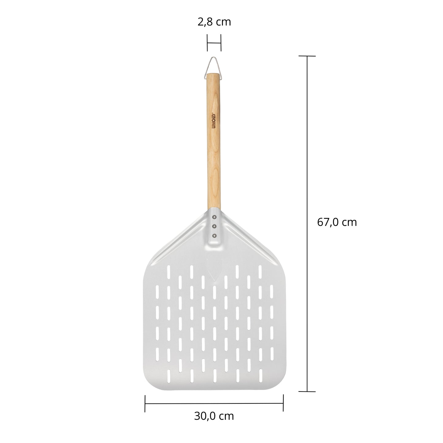 Der Unold Pizzaschieber hat einen Holzgriff (2,8 cm Durchmesser) und eine gelochte Metallklinge mit einer Länge von 67,0 cm und einer Klingenbreite von 30,0 cm.