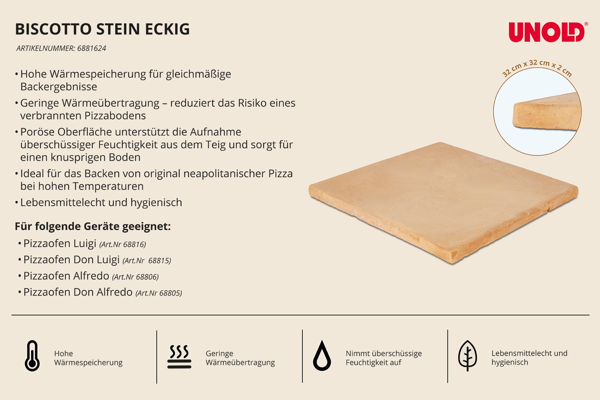 Ein quadratischer „Biscotto Sorrento“-Pizzastein von Unold, der speziell für die Pizzaöfen von (Don) Luigi und (Don) Alfredo entwickelt wurde und durch Symbole und Details besticht, die seine hervorragende Wärmespeicherung, geringe Feuchtigkeitsaufnahme und Kompatibilität mit verschiedenen Unold-Pizzaöfen hervorheben.