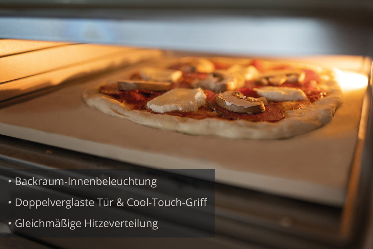 Der Unold Pizzaofen LUIGI backt eine Käse-Pilz-Pizza auf einem Stein. Deutsche Overlay-Text-Highlights: Innenbeleuchtung, doppelt verglaste Tür mit Cool-Touch-Griff und gleichmäßige Hitzeverteilung.