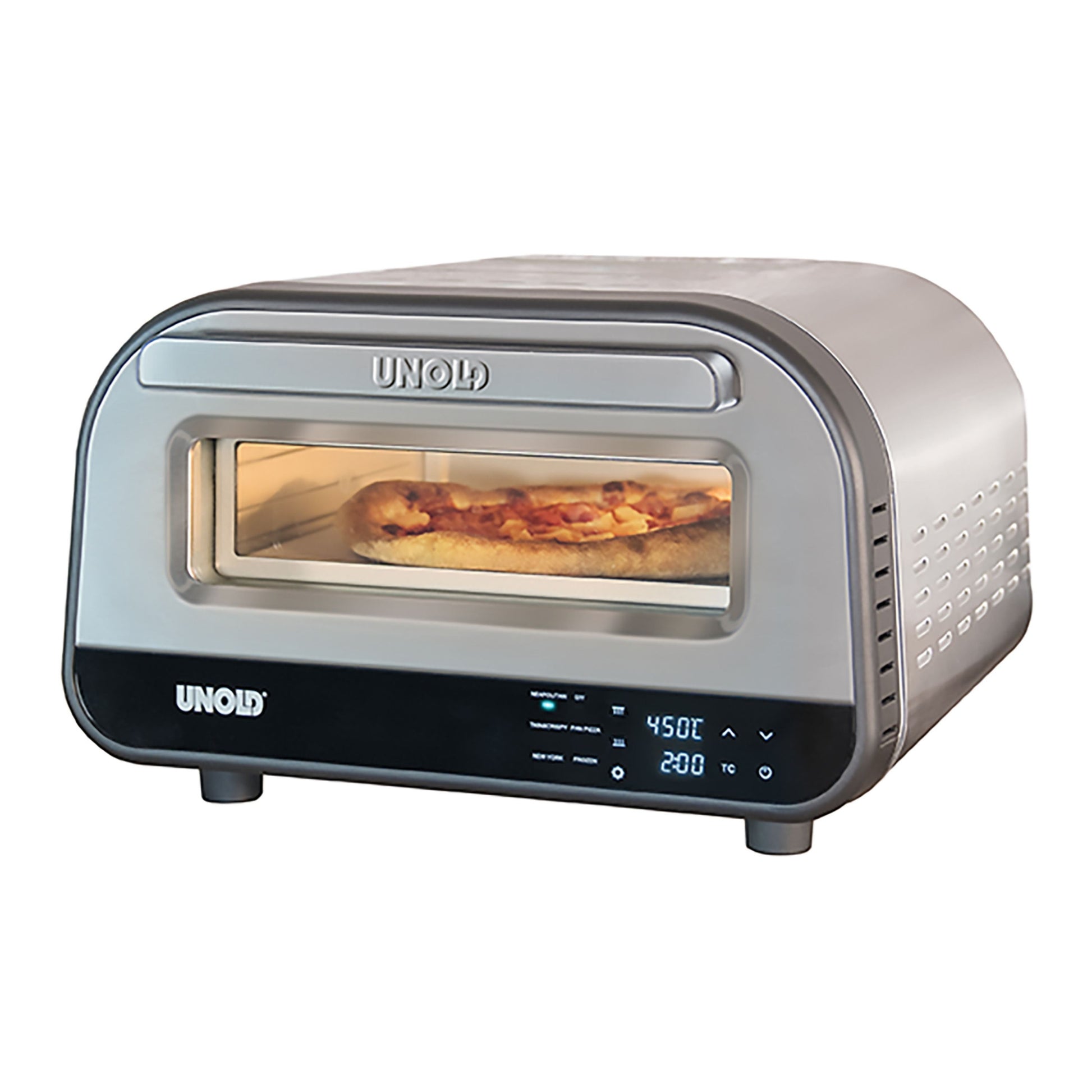 Der Unold Pizzaofen LUIGI ist ein Aufsatzpizzaofen mit digitaler Temperatur- und Einstellungsanzeige, auf der eine Pizza auf einem Metallblech gebacken wird. Auf der Vorderseite des Ofens steht der Markenname Unold.