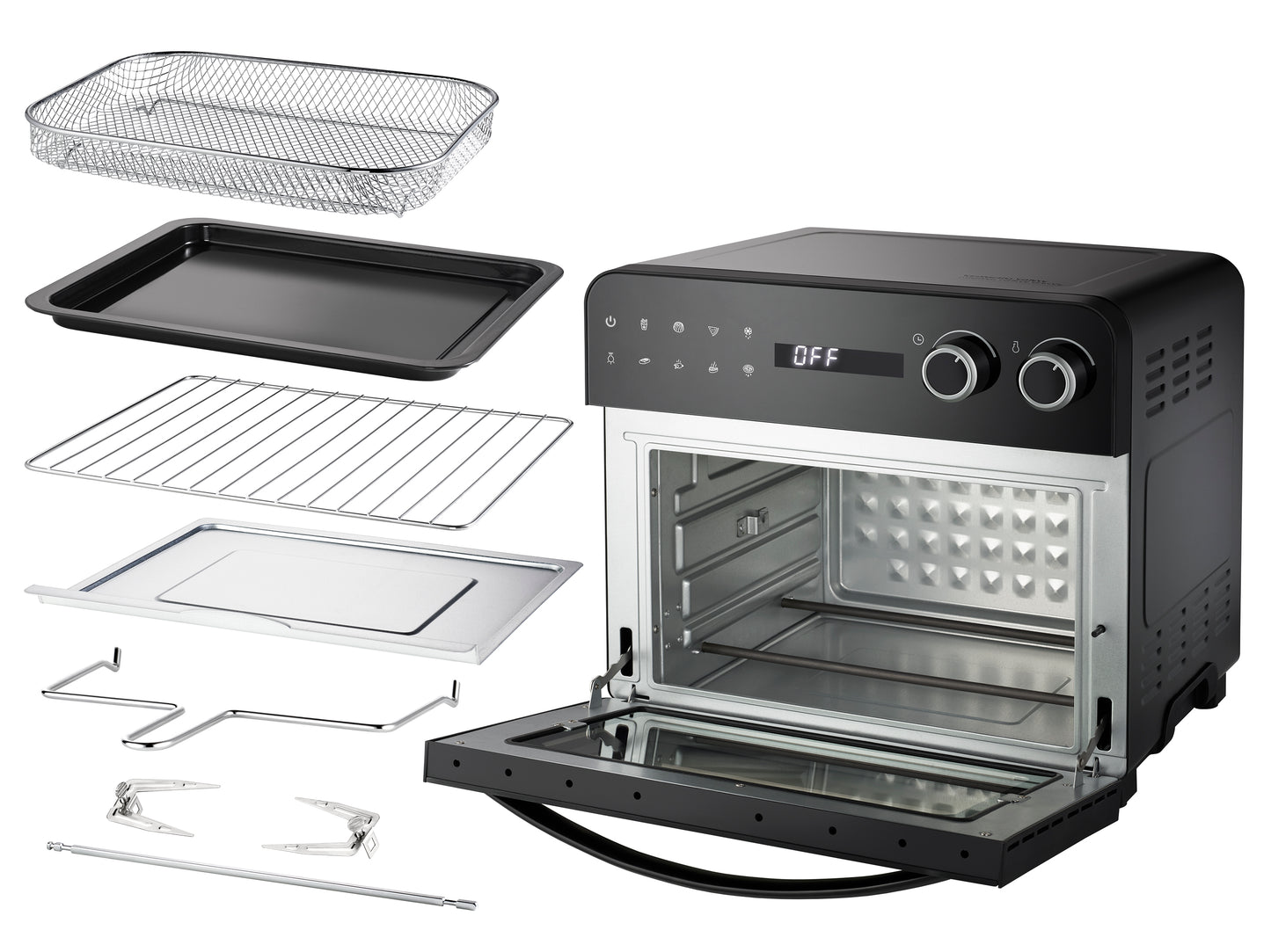 Die in Schwarz mit geöffneter Tür abgebildete Unold Backofen-Fritteuse Diamant wird mit Grillrost, Backblech, Gitterkorb, Fettauffangschale, Drehspieß und Gabeln sowie drumherum angeordneten Entnahmewerkzeugen geliefert.