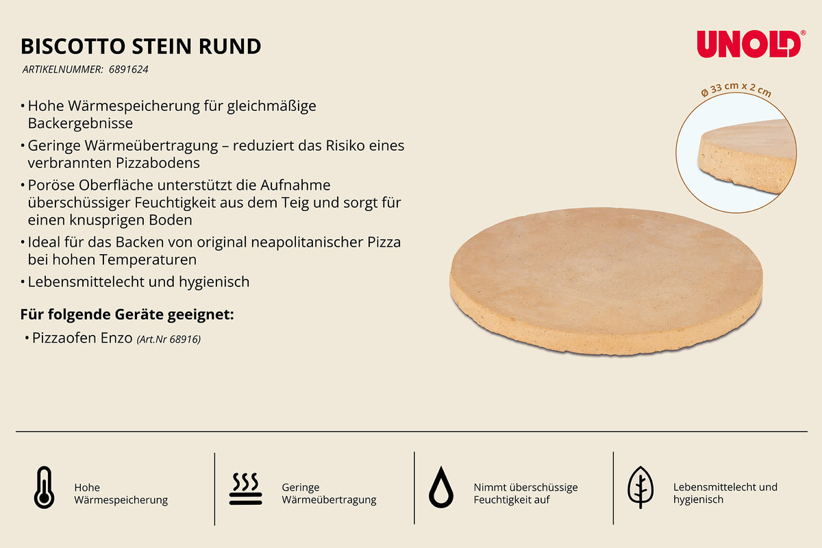 Runder „Biscotto di Sorrento“-Pizzastein für den Pizzaofen Enzo 68916 von Unold mit deutschem Produkttext, Markenlogo, Symbolen und einem Foto des Steins. In der Beschreibung werden die hohe Wärmespeicherung, die geringe Wärmeleitfähigkeit und die Eignung für Pizzaöfen hervorgehoben.