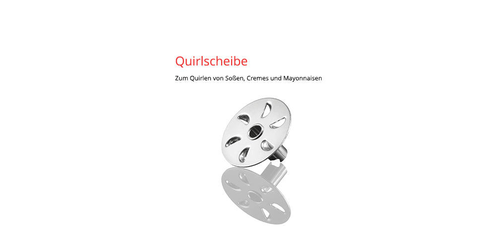 Vor weißem Hintergrund ist die ESGE-Zauberstab Quirlscheibe von ESGE Zauberstab zu sehen, eine Schneebesenscheibe aus Metall mit ovalen Löchern. Darüber steht der deutsche Text: „Quirlscheibe“ und „Zum Quirlen von Soßen, Cremes und Mayonnaisen“.