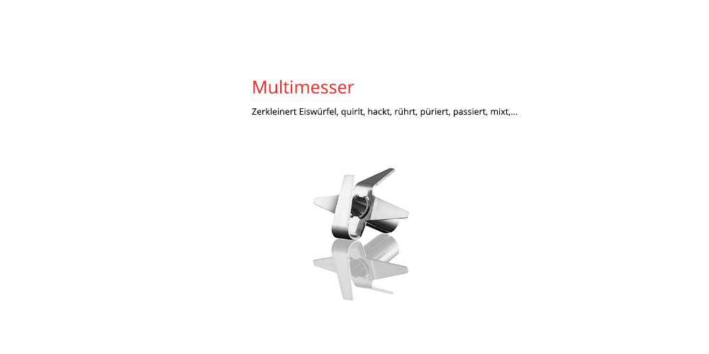 Der Edelstahl-Mehrblatt-Mixaufsatz des Unold ESGE-Zauberstab® P 350 Profi ist zentriert auf weißem Grund abgebildet, darüber weist ein deutscher Text auf die Hack-, Mix- und Pürierfunktionen hin.