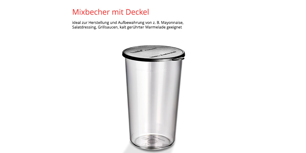 Der Mixbecher ESGE-Zauberstab® M 122 S von ESGE-Zauberstab, abgebildet mit aufgesetztem Deckel auf weißem Grund, dient der Zubereitung und Aufbewahrung von Mayonnaise, Salatdressing und Marmelade.