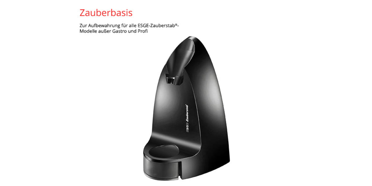Die Unold ESGE-Zauberstab Zauberbasis ist ein eleganter schwarzer Ständer für ESGE Zauberstab-Mixer (ausgenommen Gastro- und Profi-Modelle) mit einem Mixschlitz und einem runden Fach an der Basis.