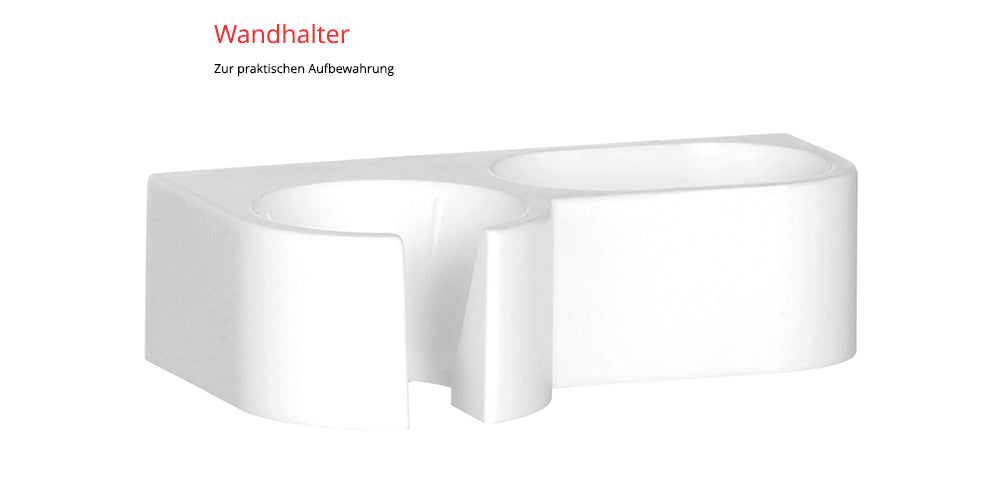 Ein weißer, rechteckiger Wandhalter für den ESGE-Zauberstab® M160 G Gourmet von Unold, mit zwei ovalen Öffnungen zur praktischen Aufbewahrung. Der Text oben lautet „Wandhalter“ und „Zur praktischen Aufbewahrung“.