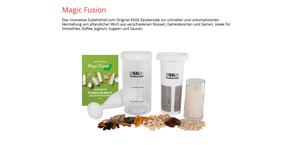 Der Unold ESGE-Zauberstab E 120 Select + Magic Fusion Anthrazit ist mit Zubehör wie Bedienungsanleitung, Mahlwerkzeug, Messbecher, Behälter, Sieb und verschiedenen Nüssen, Körnern und Samen auf einem weißen Hintergrund abgebildet.