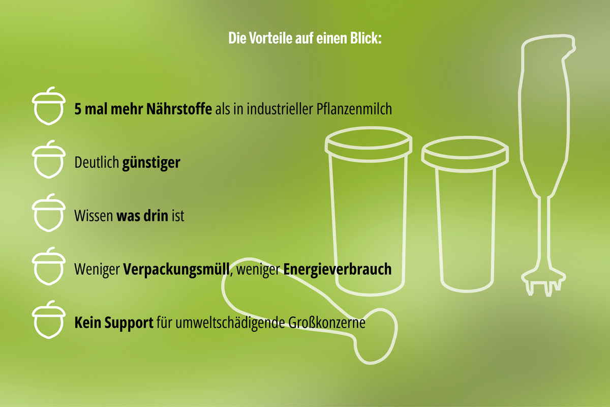 Infografik zu ESGE-Zauberstab Magic Fusion: mehr Nährstoffe, günstigere, bekannte Zutaten, weniger Verpackung und Energieverbrauch, unabhängig von Großkonzernen. Rechts Symbole für Becher, Mixer und Glas auf grünem Hintergrund.