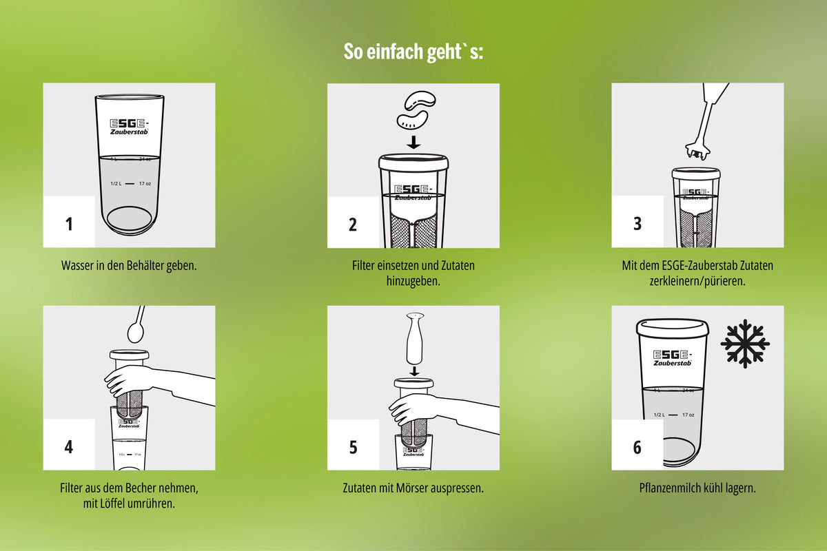 Mit dem ESGE-Zauberstab Magic Fusion von ESGE Zauberstab ein pflanzliches Getränk zubereiten: Wasser einfüllen, Filter und Zutaten einsetzen, mixen, umrühren, mit dem Stößel pressen und abkühlen lassen - sechs bebilderte deutsche Anleitungen inklusive.