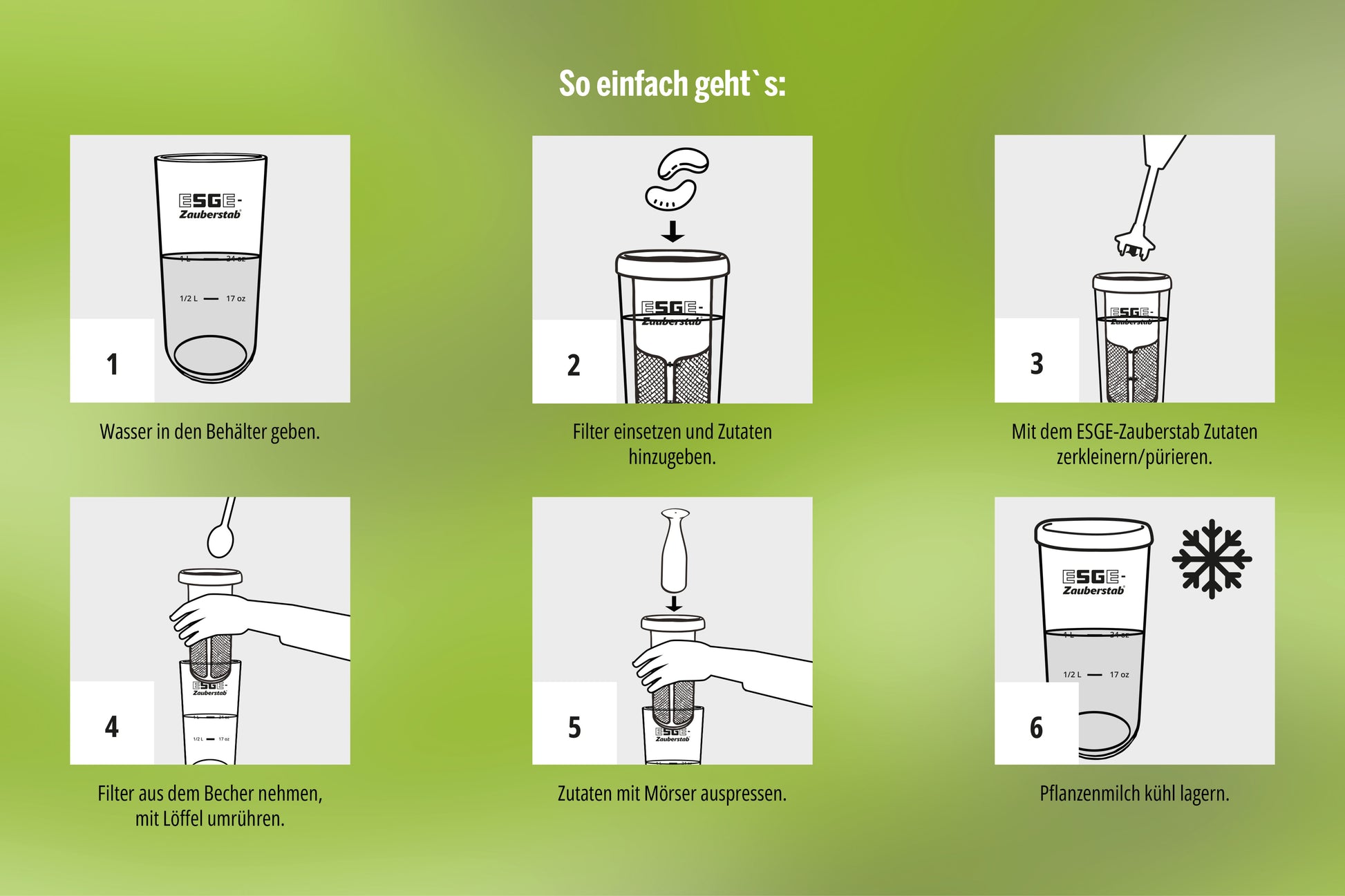 Mit dem ESGE-Zauberstab Magic Fusion von ESGE Zauberstab ein pflanzliches Getränk zubereiten: Wasser einfüllen, Filter und Zutaten einsetzen, mixen, umrühren, mit dem Stößel pressen und abkühlen lassen - sechs bebilderte deutsche Anleitungen inklusive.