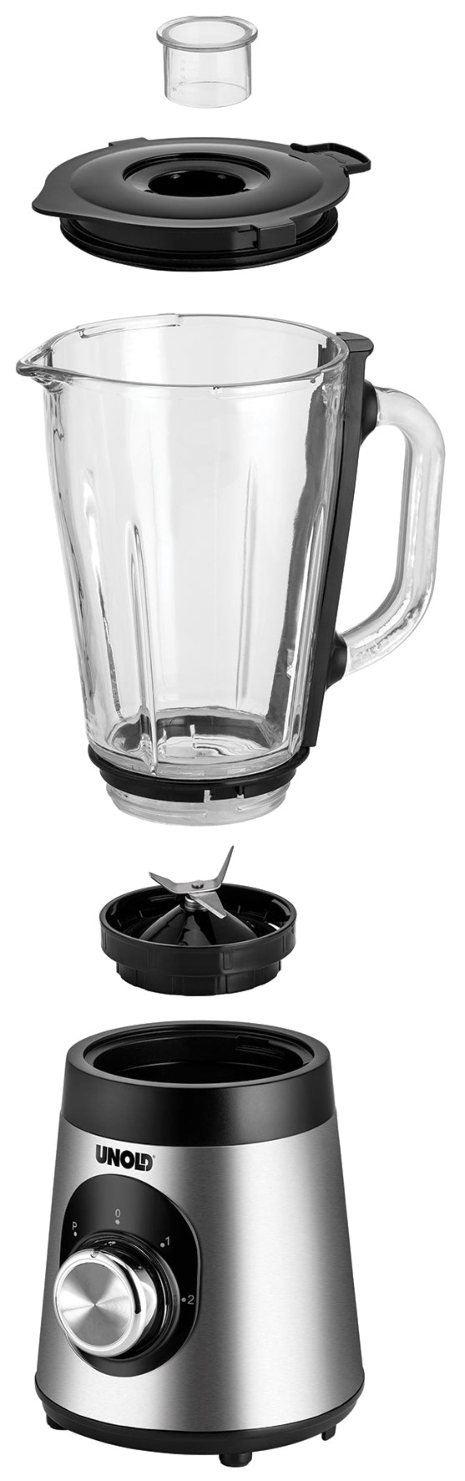 Eine Explosionsansicht des Unold Standmixers Edel, die von oben nach unten zeigt: kleine Kappe, Deckel, Glaskrug mit Griff, Klingeneinheit und Edelstahlsockel mit Drehregler.