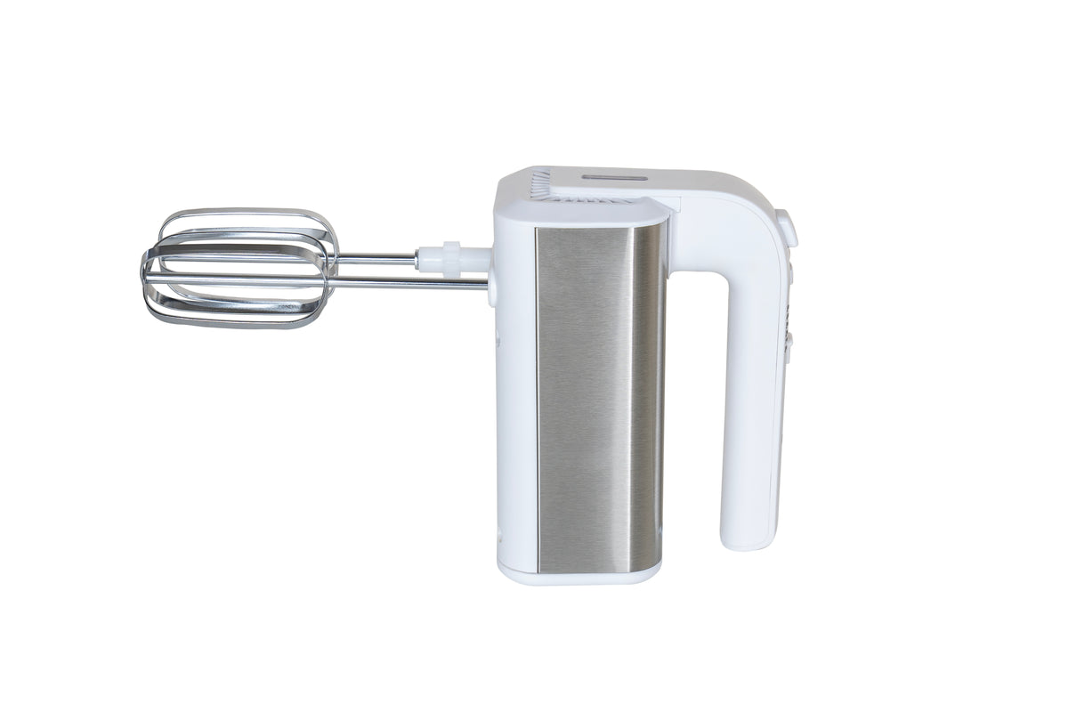 Der Unold Handmixer Hannah mit Rührschüssel wird in einer Seitenansicht in einem Design aus Weiß und Edelstahl gezeigt, mit einem einzelnen Rührbesenaufsatz aus Metall vor einem schlichten weißen Hintergrund.