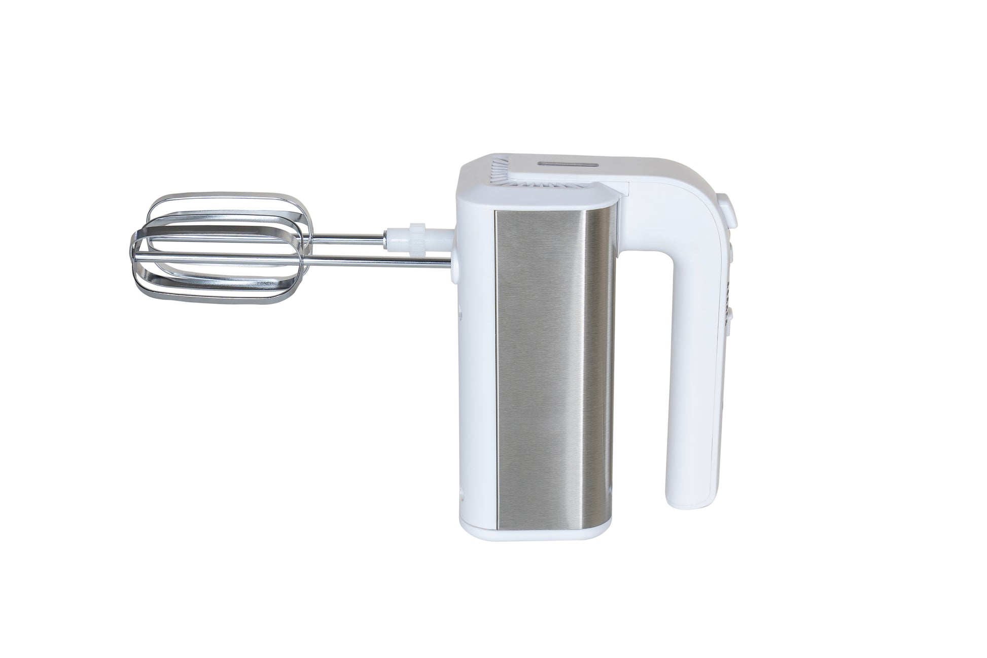 Der Unold Handmixer Hannah mit Rührschüssel wird in einer Seitenansicht in einem Design aus Weiß und Edelstahl gezeigt, mit einem einzelnen Rührbesenaufsatz aus Metall vor einem schlichten weißen Hintergrund.