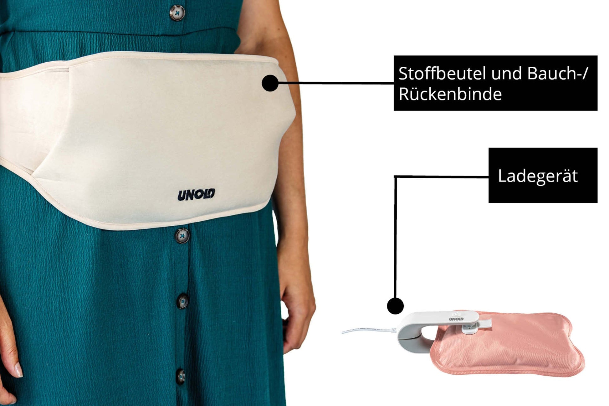 Eine Person trägt ein weißes Tuch mit der Aufschrift „Unold“. Daneben liegen eine rosafarbene „Wärmi Elektrische Wärmflasche“ und ein Ladegerät mit der Aufschrift „Ladegerät“.