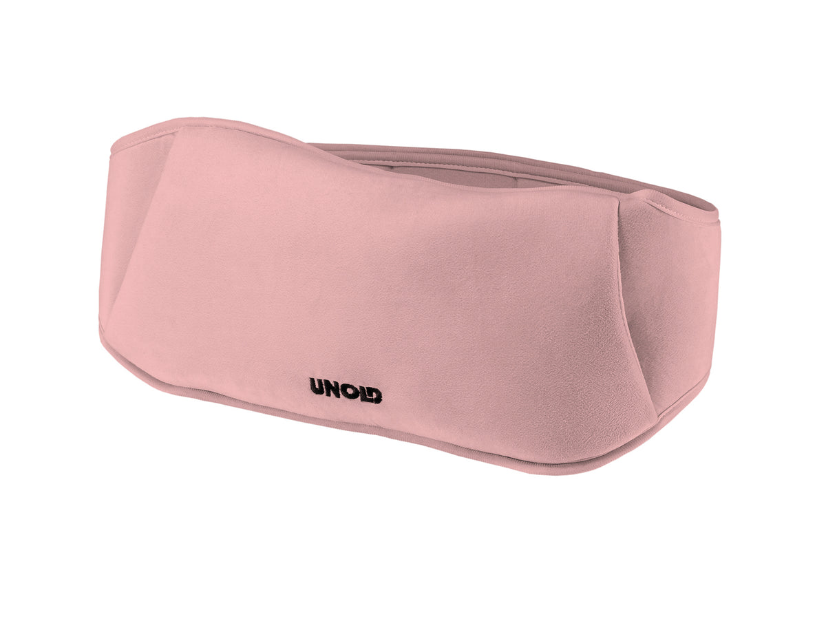Ein rosafarbenes, weiches Stoff-Stirnband oder eine Augenmaske mit dem schwarzen Aufdruck „Unold“ auf der Vorderseite, fotografiert auf weißem Hintergrund. Das Produkt ist die Wärmi Elektrische Wärmflasche.