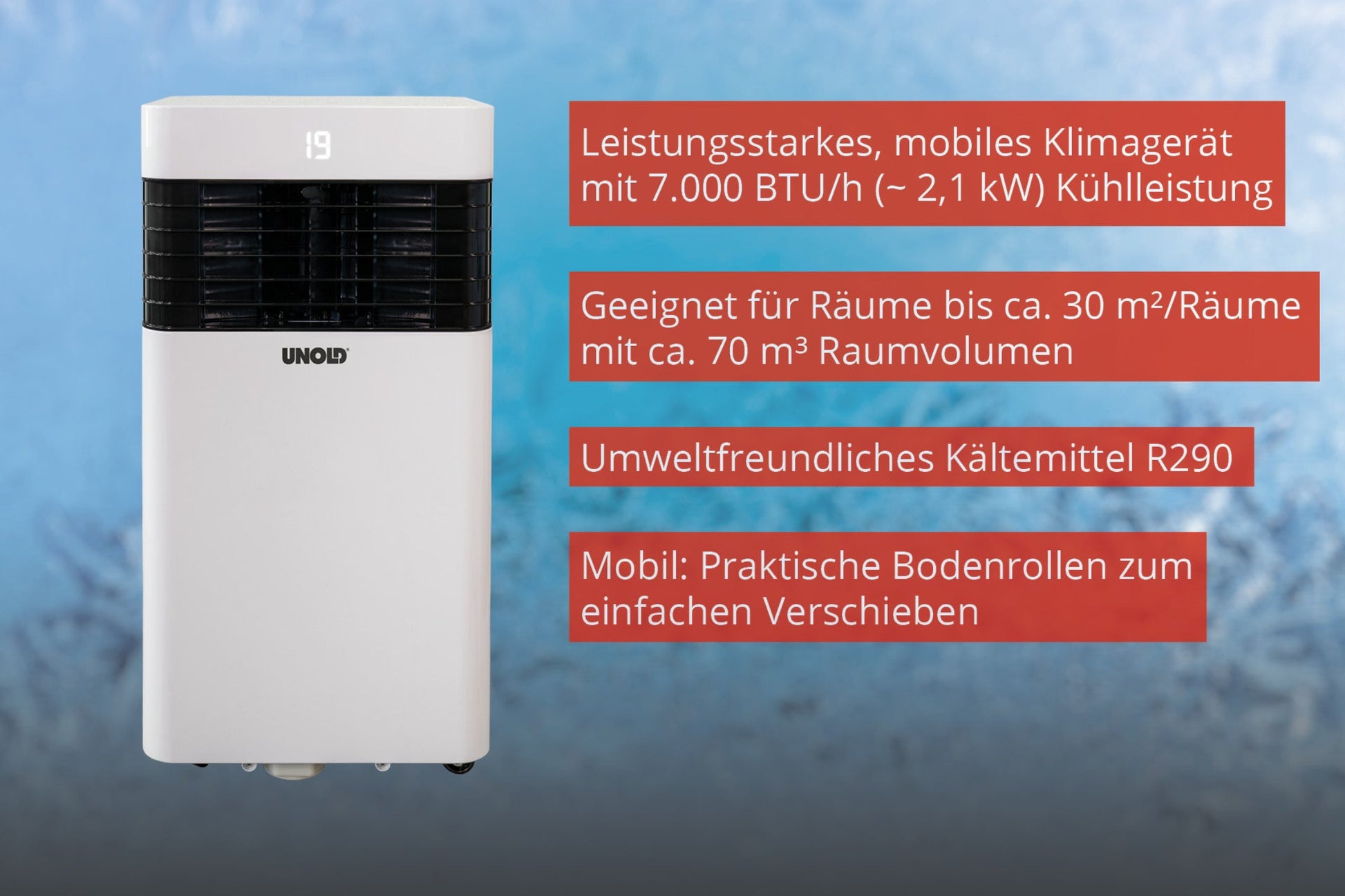 Das Unold Mobiles Klimagerät ARCTIC 7k mit Display, Lüftungsschlitzen, 7.000 BTU/h Leistung, für Räume bis ca. 30 m², umweltfreundliches Kältemittel R290 und Bodenrollen steht vor blauem Hintergrund.