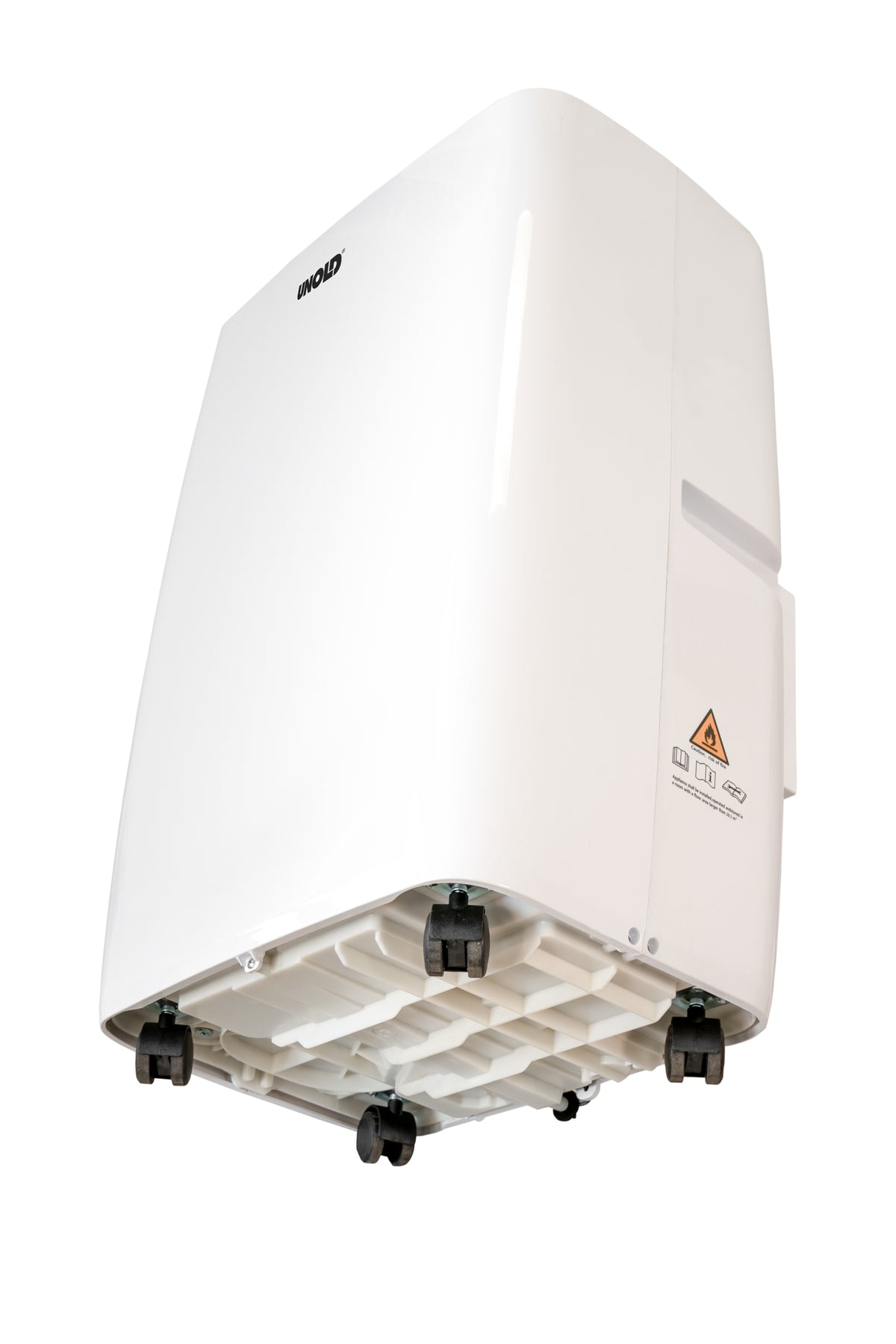 Das Mobile Klimagerät ARCTIC 12k von Unold wird aus einem niedrigen Winkel präsentiert, wodurch sein modernes Design und die Lüftungsschlitze an der Unterseite hervorgehoben werden.