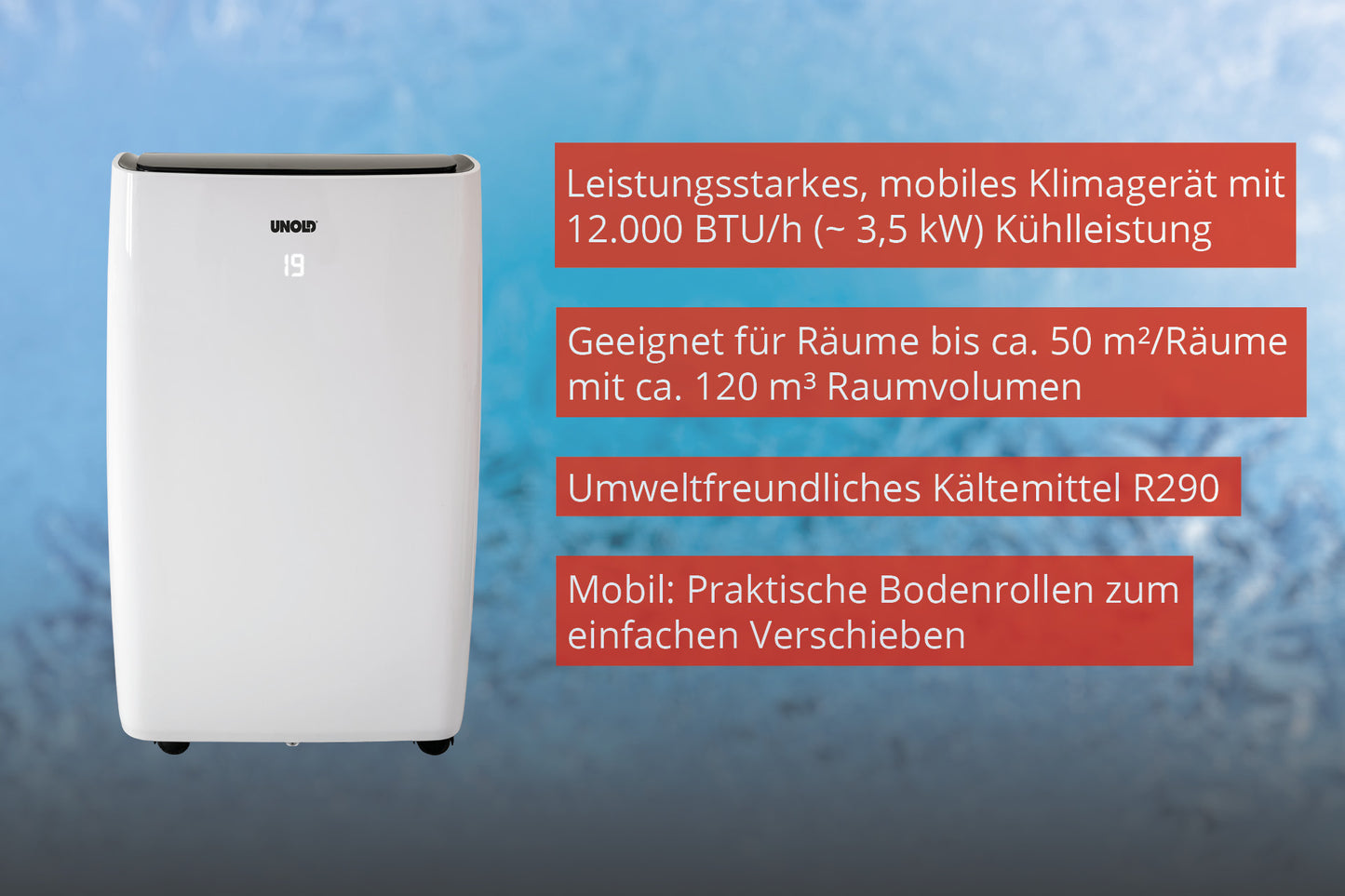 Das Unold Mobiles Klimagerät ARCTIC 12k in Weiß mit Digitalanzeige steht auf blauem Grund. Der Text hebt die Kühlleistung von 12.000 BTU/h für Räume bis 50 m², das umweltfreundliche Kühlmittel und die Bodenrollen für einfaches Bewegen hervor.