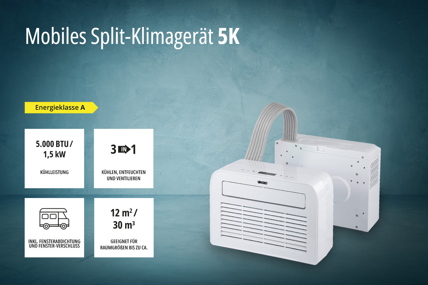 Zwei Unold Mobiles Split-Klimageräte 5K sind auf blauem Hintergrund abgebildet. Merkmale: 5.000 BTU/1,5 kW Kühlung, Energieklasse A, für bis zu 12 m²/30 m³ Räume; Kühl-, Entfeuchtungs- & Lüftungsmodus.
