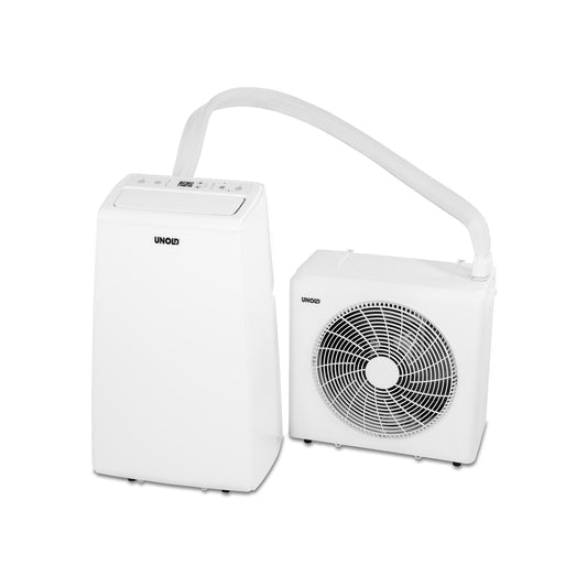 Die Unold Mobiles Split-Klimagerät 12K ist ein tragbares Klimagerät mit einem Bedienfeld an der Oberseite, das durch einen weißen Schlauch mit einem Außengerät mit sichtbarem Ventilator verbunden ist. Beide weißen Geräte sind mit dem Namen Unold versehen.