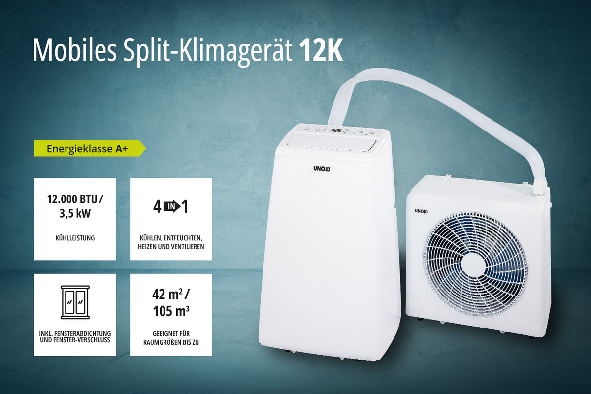 Das Unold Mobiles Split-Klimagerät 12K ist mit der Energieklasse A+, 12.000 BTU/3,5 kW, 4-in-1-Funktionen, geeignet für Räume bis 42 m²/105 m³, abgebildet und wird mit einem Fenstereinbausatz geliefert.