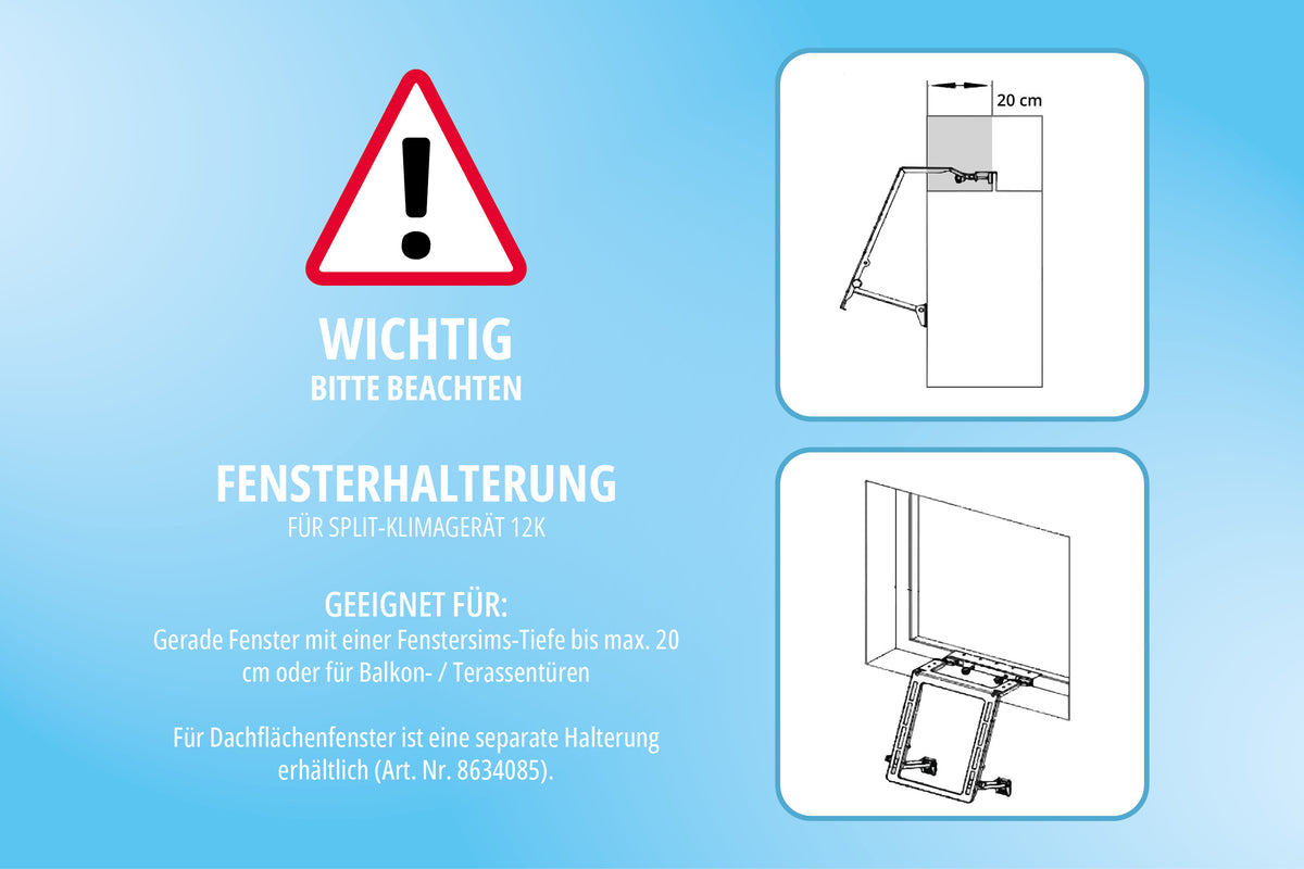Anleitungsgrafik für die Fenstermontage des Unold Mobiles Split-Klimageräts 12K, mit Warnsymbol, Schemazeichnungen, deutschem Text zur Eignung für Fenster mit einer Tiefe von bis zu 20 cm sowie Informationen zu separaten Bausätzen für Dachfenster.