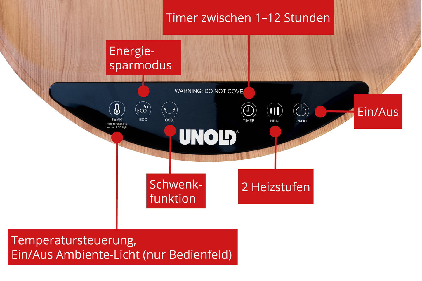 Der Unold Heizlüftertisch Henry verfügt über ein Touch-Bedienfeld mit rot beschrifteten Tasten für Timer, Eco-Modus, Oszillation, Energiesparmodus, zwei Heizstufen, Leistung und Temperatur-/Umgebungslichtsteuerung.