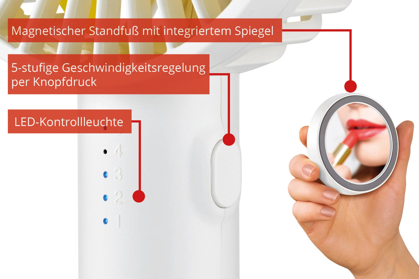 Eine Nahaufnahme des Unold Handventilators Breezy II zeigt seinen magnetischen Ständer mit integriertem Spiegel, 5-stufiger Tastensteuerung und LED-Anzeige. Eine Hand hält den Spiegel und reflektiert eine Person, die Lippenstift aufträgt.