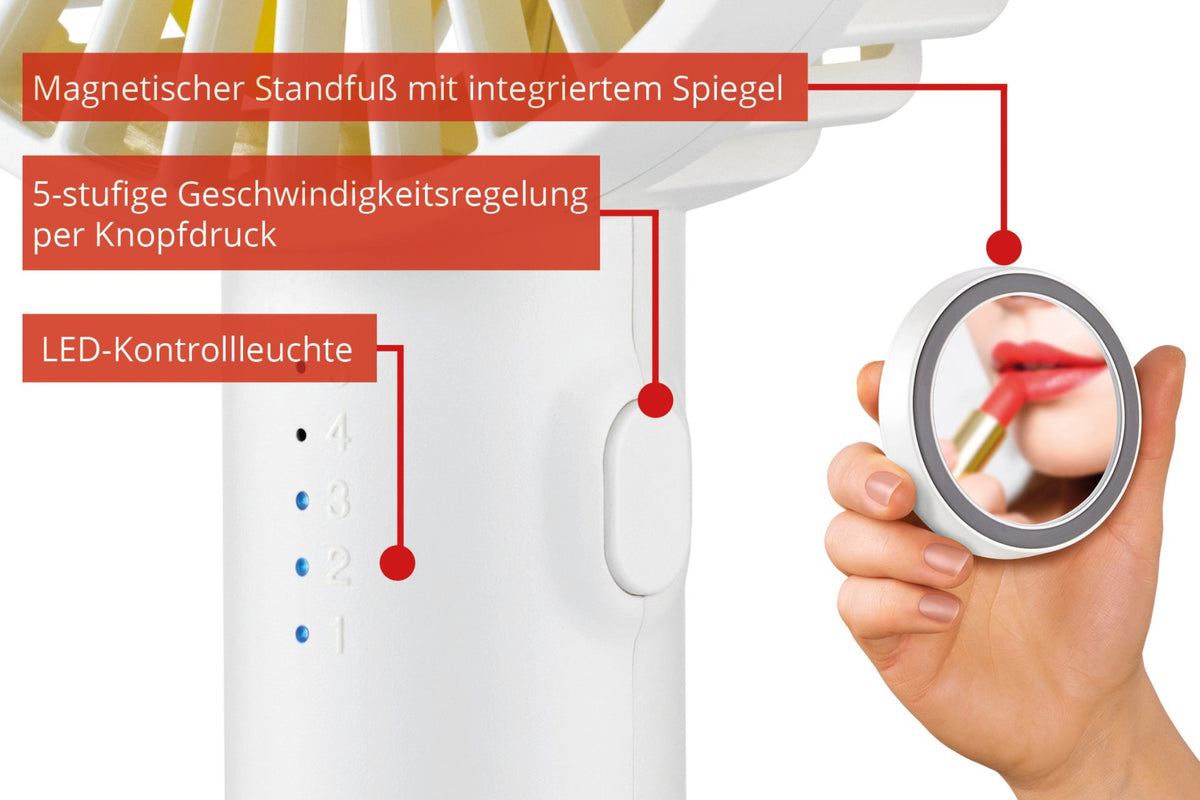 Eine Nahaufnahme des Unold Handventilators Breezy II zeigt seinen magnetischen Ständer mit integriertem Spiegel, 5-stufiger Tastensteuerung und LED-Anzeige. Eine Hand hält den Spiegel und reflektiert eine Person, die Lippenstift aufträgt.