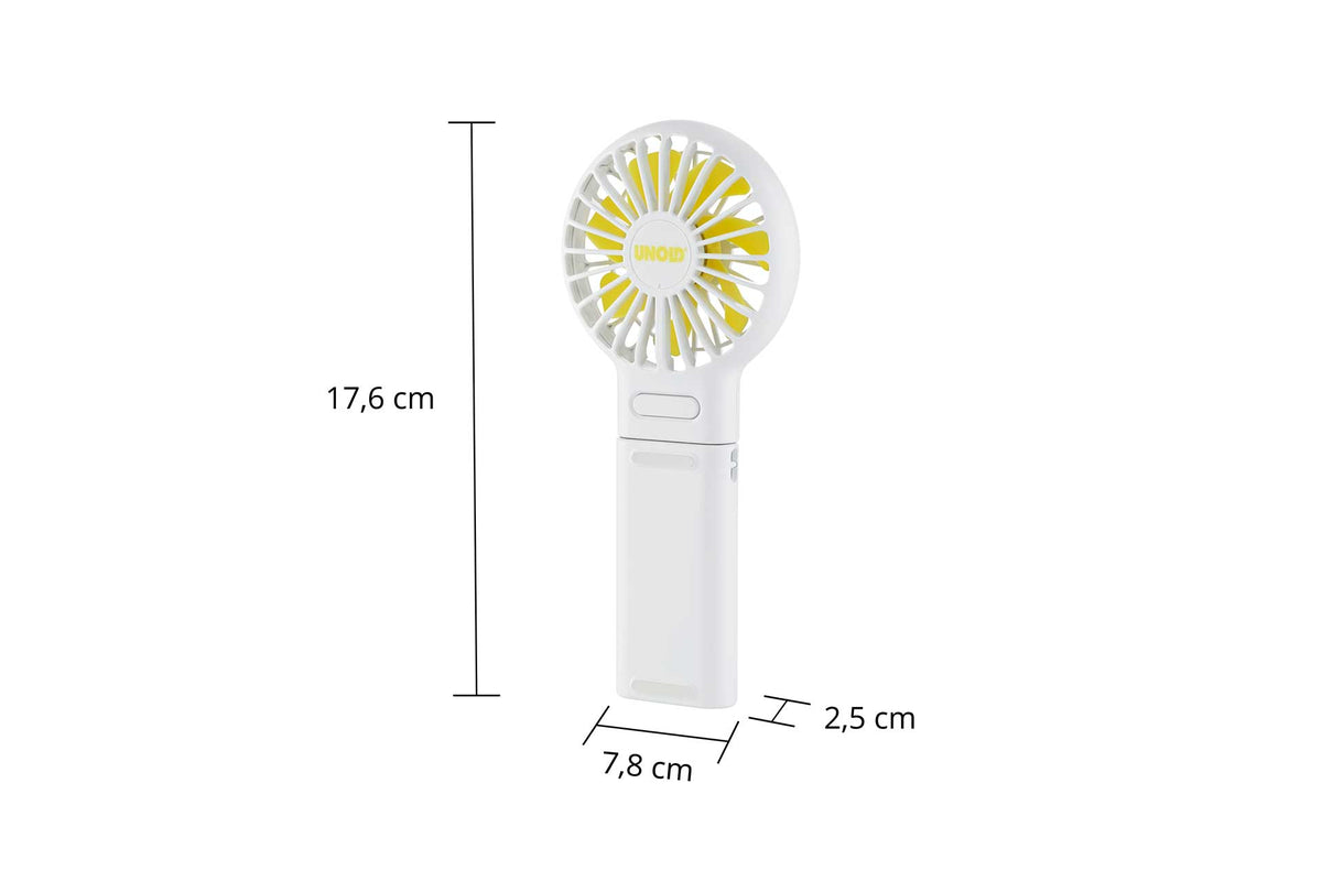 Ein weißer Handventilator mit gelben Flügeln ist aufrecht abgebildet. Die Abmessungen sind mit 17,6 cm Höhe, 7,8 cm Breite und 2,5 cm Tiefe angegeben.