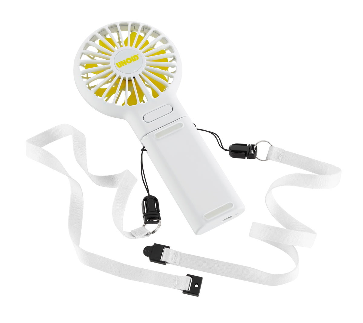 Der HANDVENTILATOR BREEZY FOLD von Unold ist ein tragbarer, weiß-gelber Handventilator mit abnehmbarem weißen Riemen und schwarzen Clips auf weißem Hintergrund. In der Mitte des Ventilators ist der gelbe Markenname Unold zu sehen.