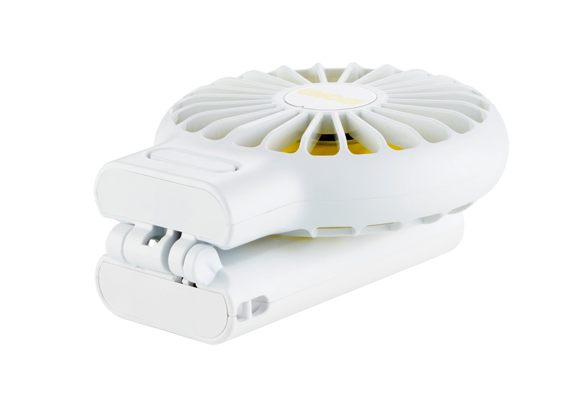 Der Unold HANDVENTILATOR BREEZY FOLD ist ein kompakter, weißer tragbarer Ventilator mit faltbarem Design, kreisförmigem Belüftungsmuster oben und rechteckiger Basis.
