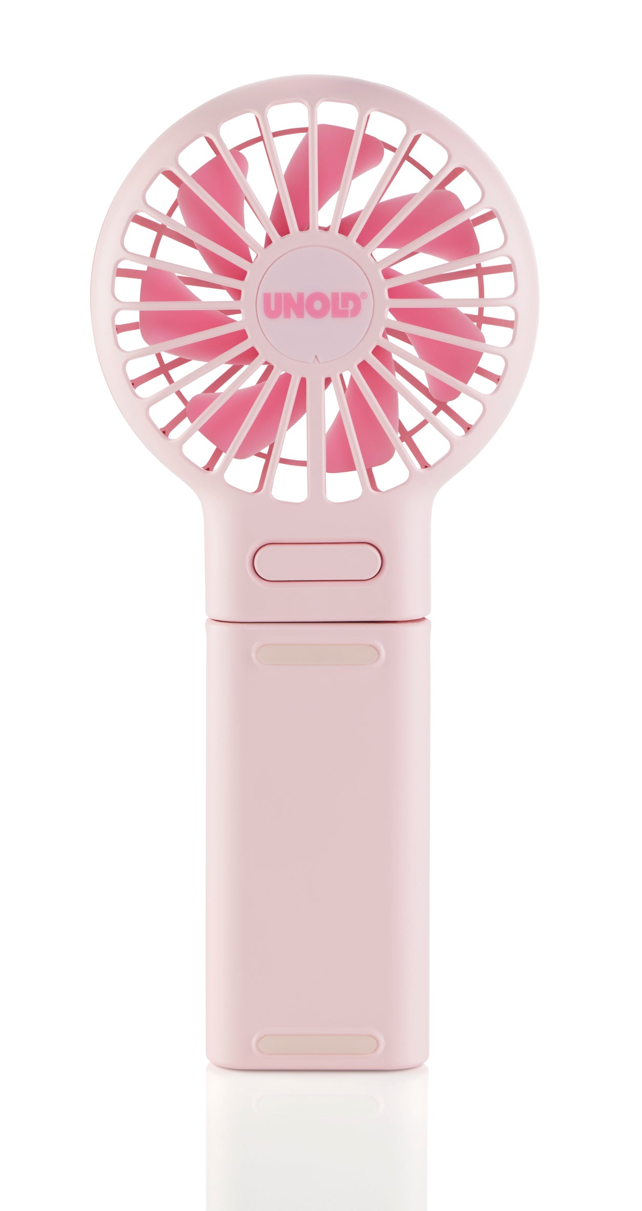 Ein kompakter, handgehaltener rosa HANDVENTILATOR BREEZY FOLD von Unold verfügt über einen runden Klingenschutz und das Markenlogo in der Mitte, das aufrecht vor einem weißen Hintergrund angezeigt wird.